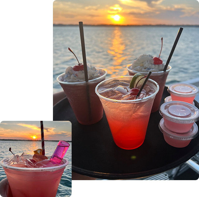 A tray of drinks on the beach at sunset