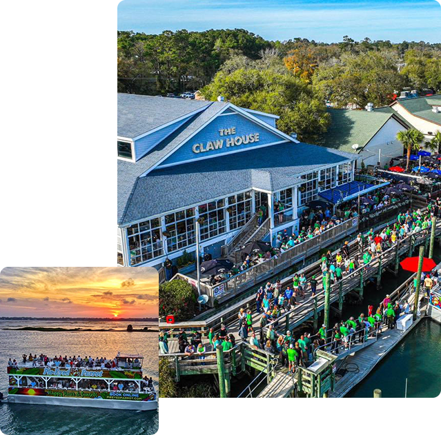 A collage of photos with a boat and people on the water.