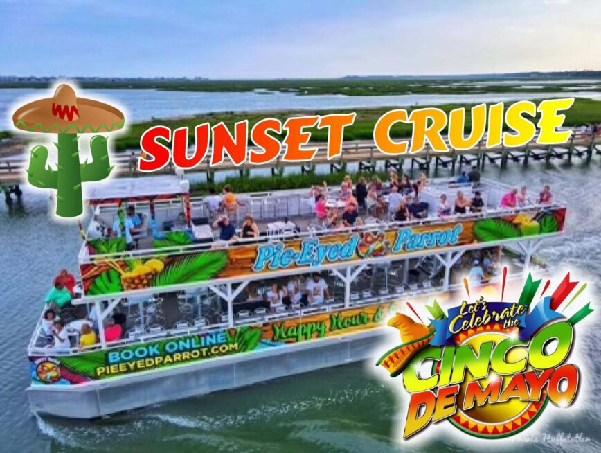 A boat with people on it and the words " sunset cruise ".